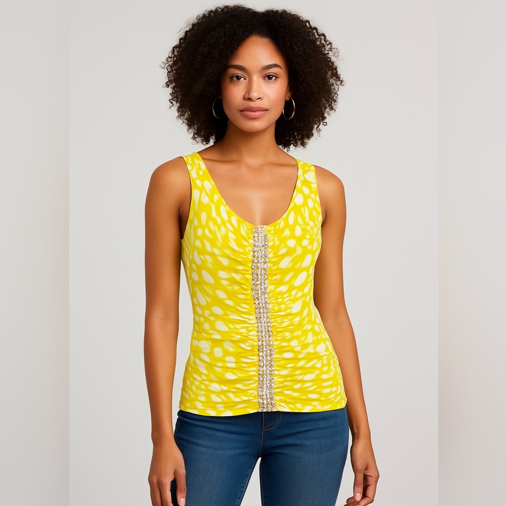 INC International Concepts Yellow Animal Print Ruched Tank Top